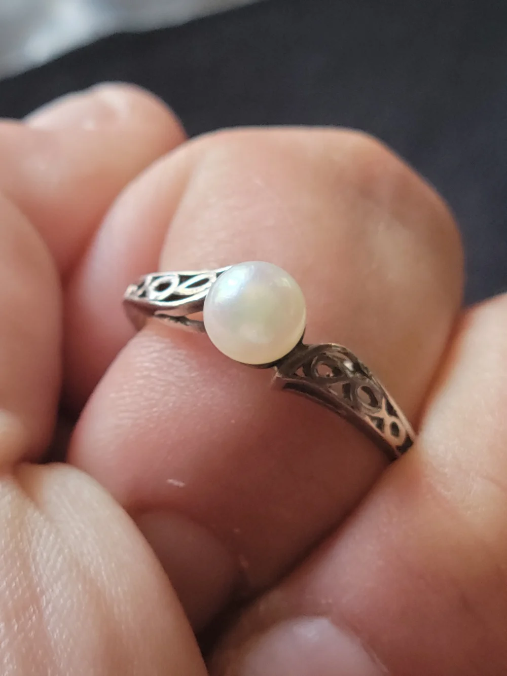 Sterling Silver Pearl Ring with Filigree Band - White Pearl